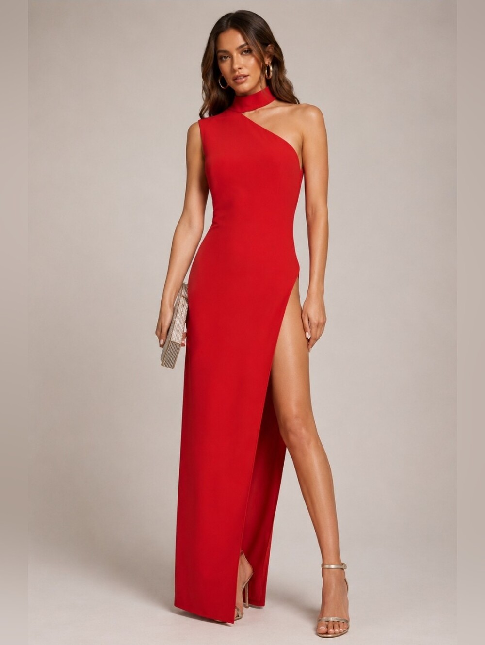 Mônot Red One Shoulder Thigh High Slit Gown US6/It42